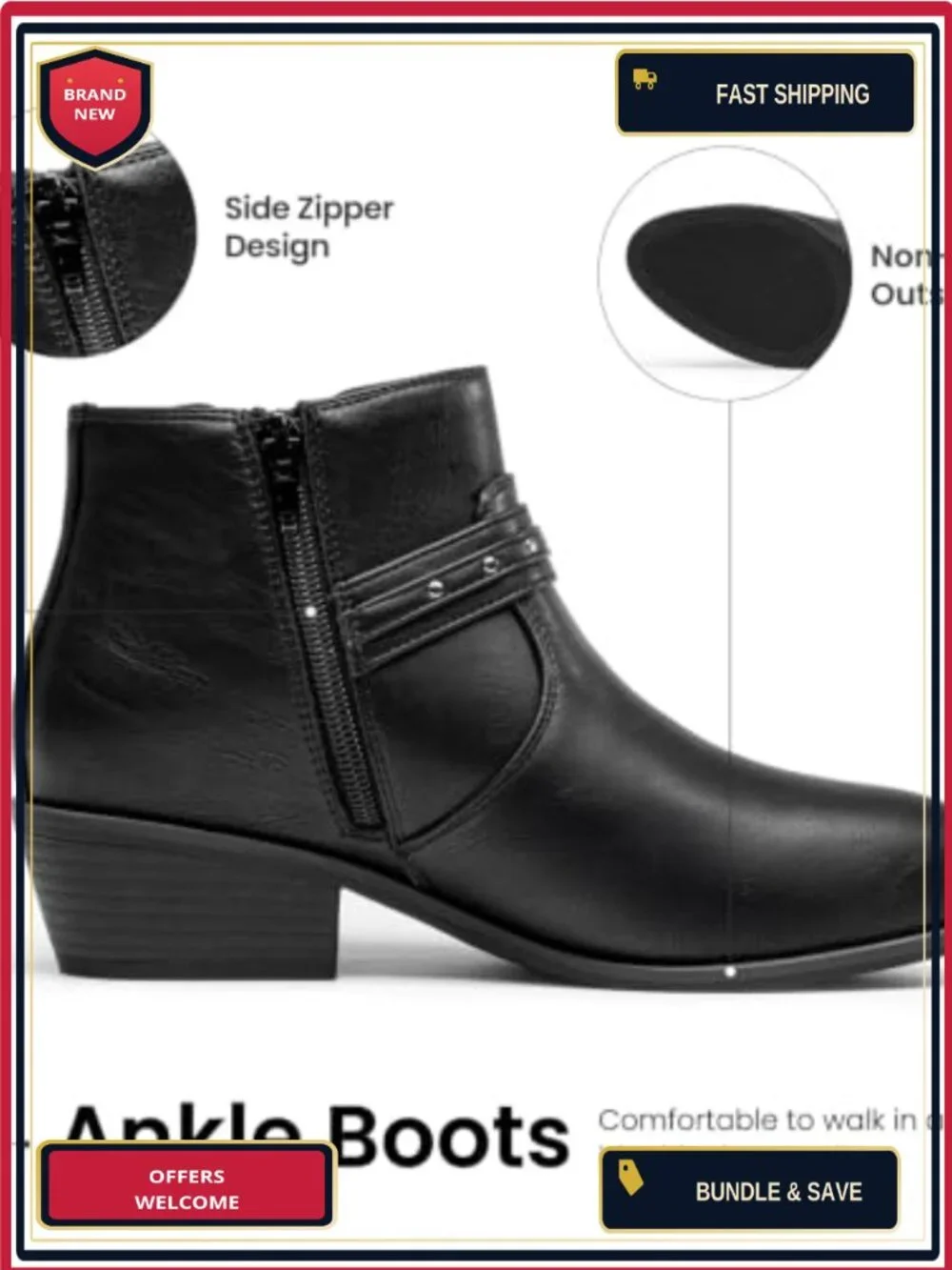 Chunky Low Heel Ankle Boots with Side Zipper Faux Leather Women's Booties